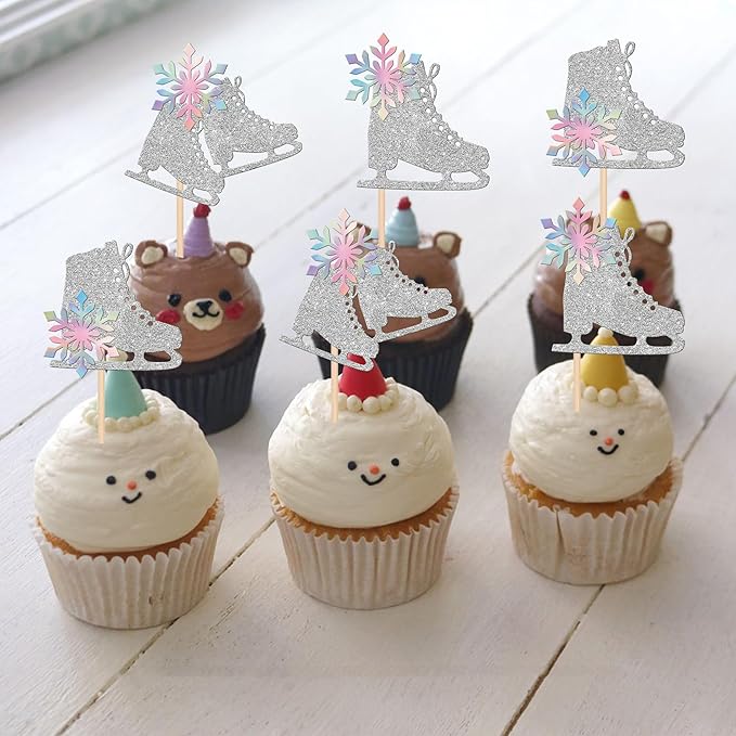 24 PCS Ice Skating Cupcake Toppers Glitter Ice Sports Snowflake Cupcake Picks for Skating Theme Baby Shower Kids Birthday Party Cake Decorations Supplies Silver