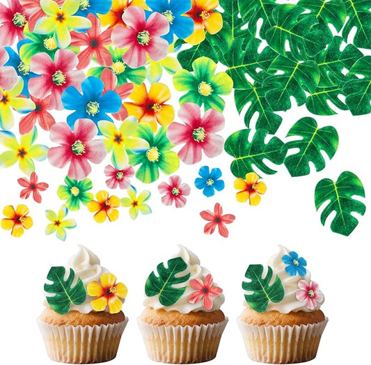 83 Pcs Edible Flowers Cake Decorations, Tropical Cupcake Toppers, Hawaiian Cake Decorations, Tropical Leaves & Edible Flowers for Hawaiian Birthday, Jungle Theme Birthday Party Decoration Supplies