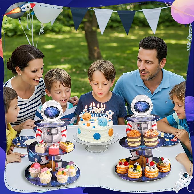 2 Pack Space Astronaut Cupcake Stand Space Themed Party Decorations 3 Tier Cupcake Holder Outer Space Party Decorations Astronaut Dessert Tower for Boys Kids Galaxy Birthday Supplies