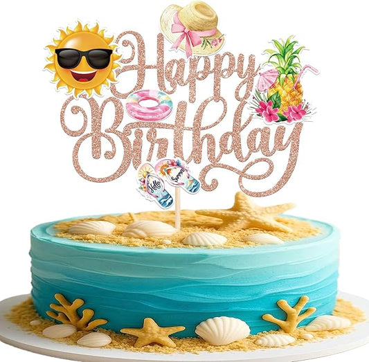 1 PCS Summer Beach Happy Birthday Cake Topper Glitter Sun Flip-Flops Pineapple Flatator Hat Cake Pick Pool Birthday Cake Decorations for Tropical Hawaiian Luau Baby Shower Party Supplies Rose Gold