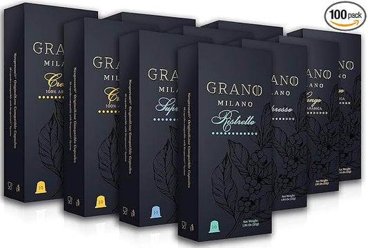 Grano Milano Lungo - 100 Espresso Pods Compatible with Nespresso Original line, 100% Arabica Medium Roast - Intensity 7/12, Coffee Capsules Made in Italy Espresso Coffee