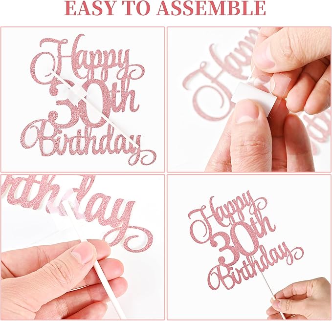 30th Birthday Cake Toppers, 30th Birthday Candles Numeral Candles and Glitter Cake Decorations Toppers Set for Party Supplies (Rose Gold)