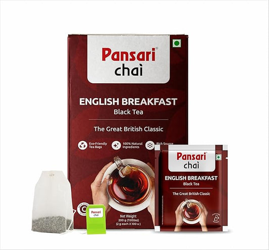 Pansari English Breakfast Tea ??100 Premium Tea Bags Classic Black Tea Blend With Darjeeling Rich Flavour & Medium Strength Perfect Morning Brew 50G Pack