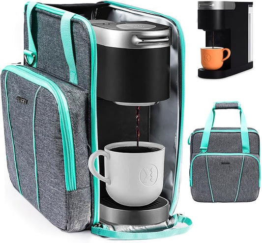 BAGSPRITE Travel Coffee Maker Bag for Keurig K-Slim, Single Serve Coffee Brewer Carrying Case, Portable Travel Coffee Maker Storage Case with Pockets for K-Cup Pods (Full Open Design Patent Pending)