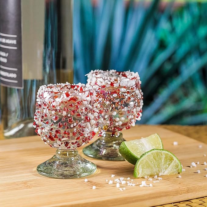 Authentic Mexican Tequila Shot Glasses (Set of 4) - Hand Blown 2oz Mini Snifters - Festive Red & White Stone Blend, Heavy Base