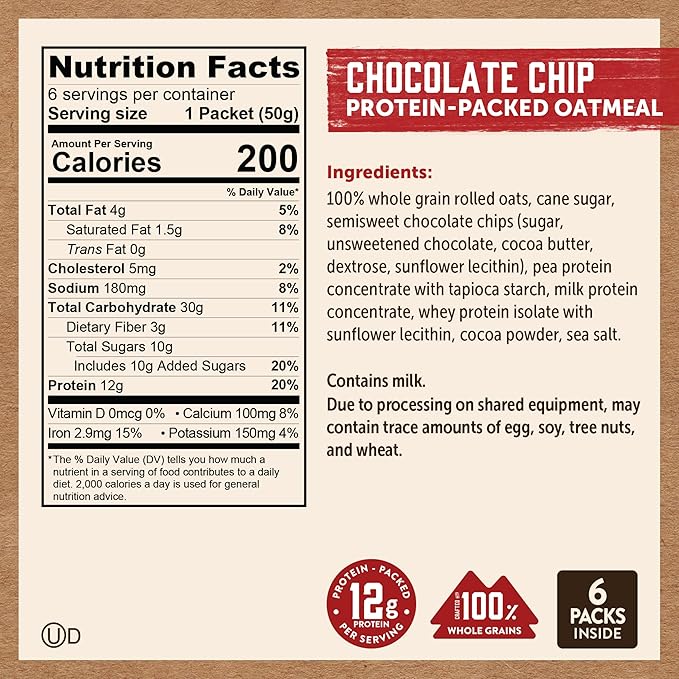 Kodiak Cakes Instant Oatmeal Packets - High Protein - 100% Whole Grains Breakfast Food - Chocolate Chip (36 Packets)