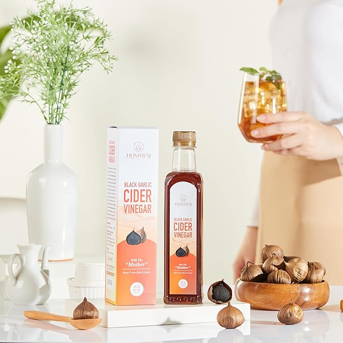 Homtiem Black Garlic Cider Vinegar– Naturally Fermented with “The Mother”, A Unique Alternative to Apple Cider Vinegar, Rich in Antioxidants, Supports Digestion & Detox, Gluten Free, Perfect for Salads & Drinks (350ml)