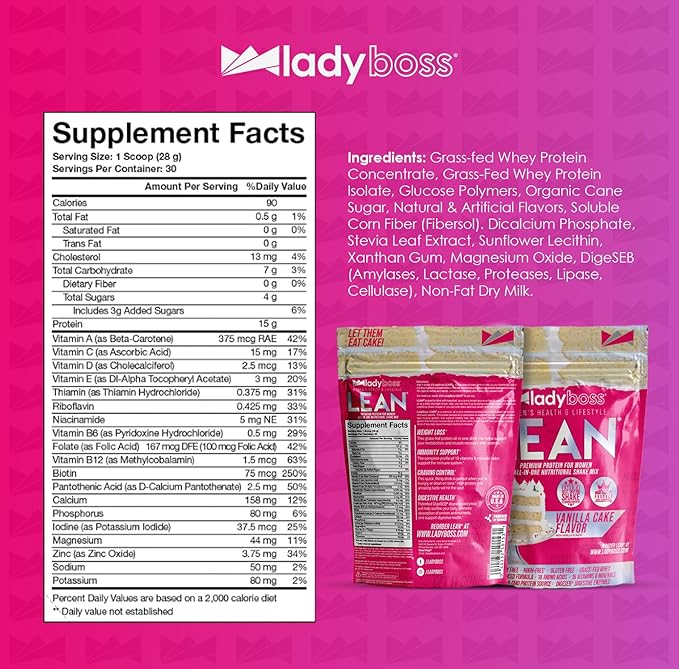 LadyBoss Lean Protein Shake Vanilla Cake Flavor - Meal Replacement & Craving Support with Grass-Fed Whey, 18 Vitamins & Nutrients - 30 Servings