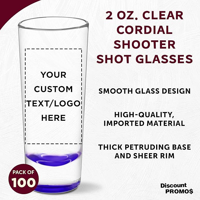 Custom Cordial Shooter Shot Glasses 2 oz. Set of 100, Personalized Bulk Pack - Great for Birthdays, Parties, Indoor & Outdoor Events - Purple