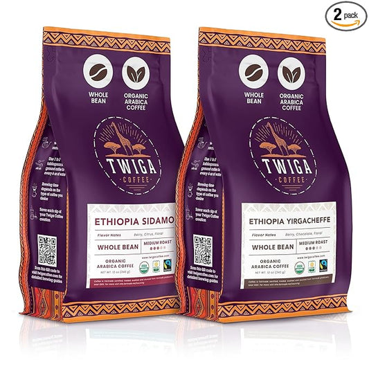 Twiga Coffee Bundle Ethiopian Coffee Beans (Yirgacheffe & Sidamo) Medium Roast, 24 oz (2 x 12 oz), Organic Whole Bean Arabica with Berry, Chocolate, Citrus & Floral Notes, Ideal Gift for Coffee Lovers
