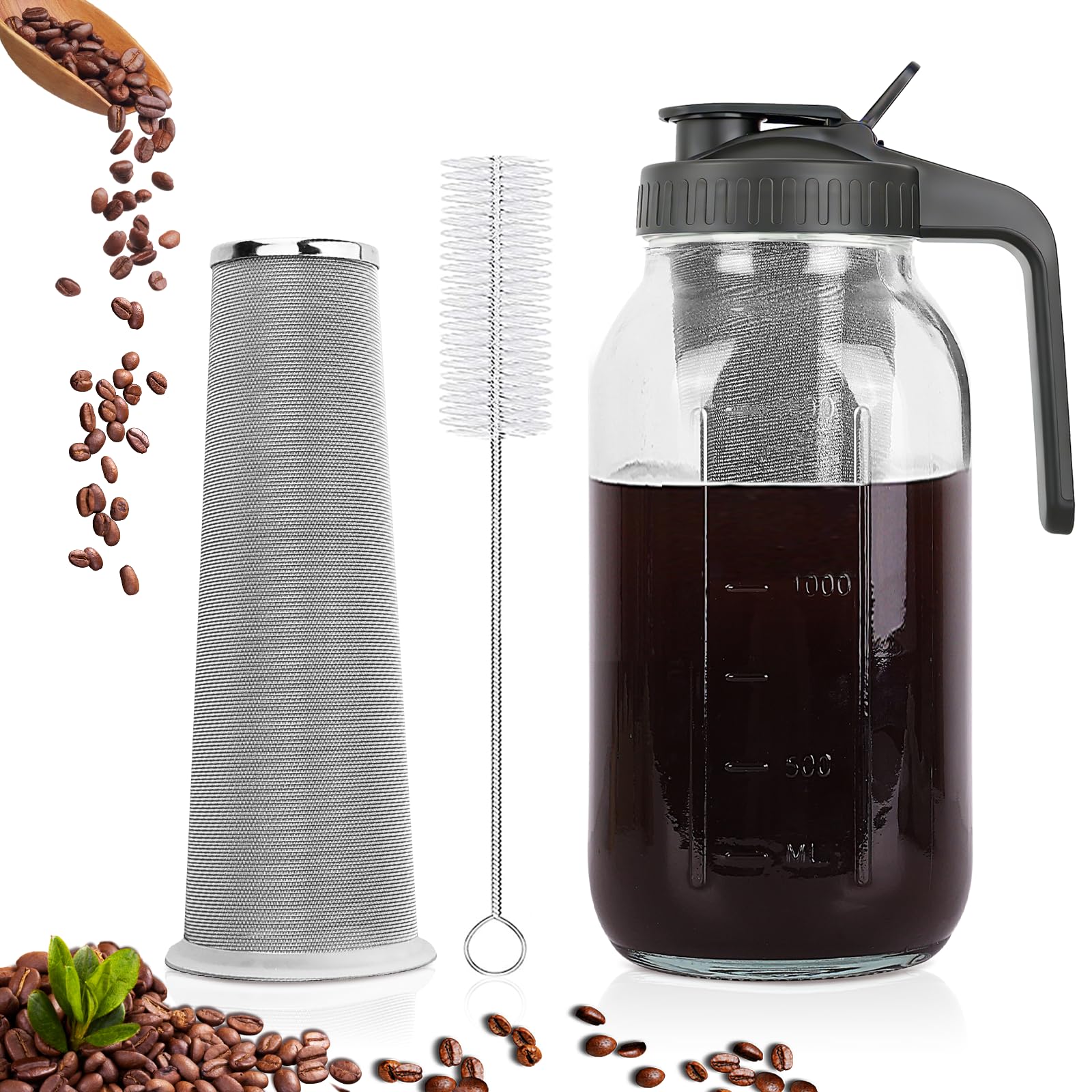 QHH Cold Brew Coffee Maker,64 oz Mason Jar Pitcher with Stainless Steel Filter, Pour Spout Handle
