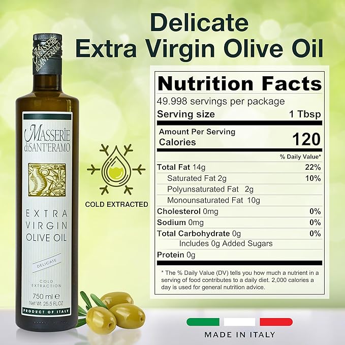 Delicate Italian Extra Virgin Olive Oil Cold Pressed - Light Olive Oil for Cooking and Frying, Imported from Italy - Masserie di Sant'Eramo - 25.5 Fl Oz (Pack 1)