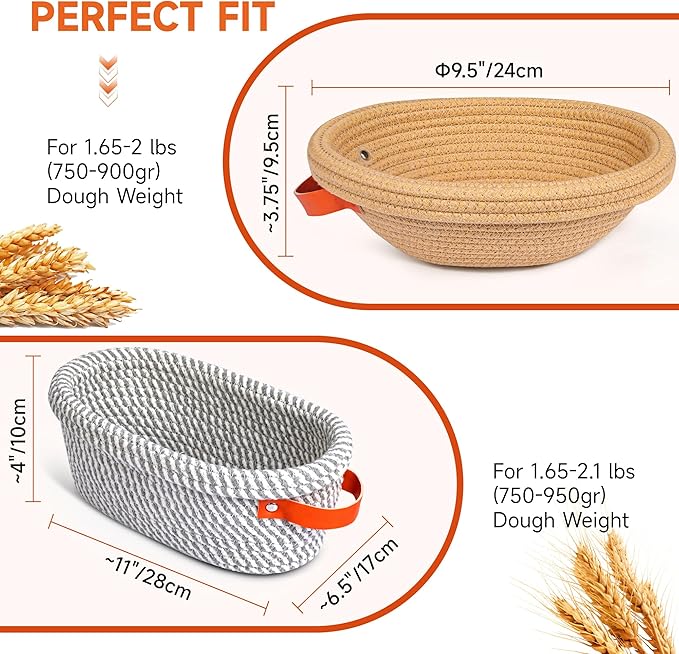 Banneton Bread Proofing Basket ??Oval & Round Handmade Cotton Rope Sourdough Proofing Basket with Liner & Cover (Perfect for Sourdough & Artisan Bread Set (1 Round 1 Oval)