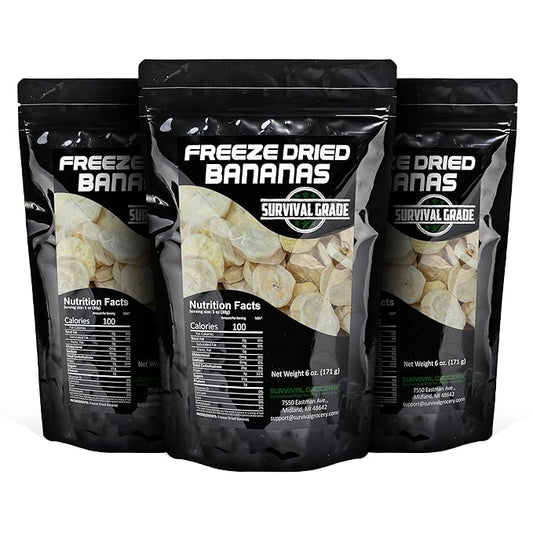 Survival Grocery® Freeze Dried Bananas - Gluten-Free, Unsweetened Banana Chips - Vitamin C & Fiber Rich Snack, Long Shelf Life, Natural Freeze Dried Fruit For Oatmeal, Granola, Smoothies, Baking Or On-the-go Snacking (18 oz./3 Bags)