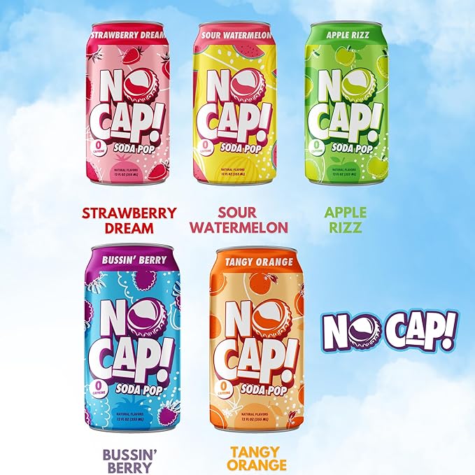 No Cap! Healthy Soda Alternative, Zero Sugar, No Calories, Caffeine Free, Vegan, Gluten Free, For Kids, Teenagers & Adults,12 Oz Cans, 12 Pack, Bussin Berry, Sour Watermelon, Tangy Orange, Strawberry Dream, Apple Rizz (Summer Pack)