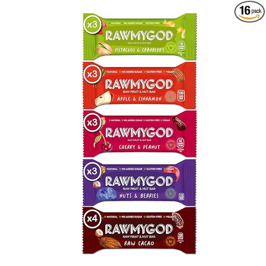 RAWMYGOD Fruit and Nut Bars, Gluten Free, Vegan, No Added Sugar (16 bars, Variety Pack I - 4 Raw Cacao, 3 Apple & Cinnamon, 3 Nuts & Berries, 3 Cherry Peanut, 3 Pistachio & Cranberry)