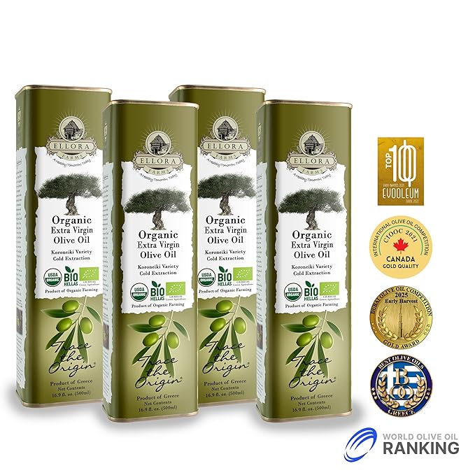 Ellora Farms, USDA Organic Extra Virgin Olive Oil, 2024 Harvest, Gold Award, Unfiltered, High Oleocanthal, Kosher 17 oz tin, Pack of 4
