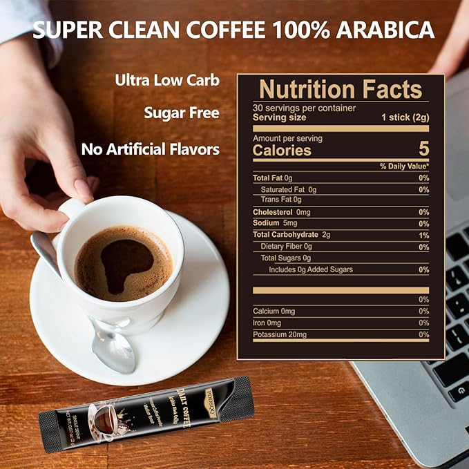 Instant Coffee Packets 30 Packs, Medium Roast Sugar Free Black Coffee Single Serve, 100% Arabica Beans (2oz / 60g), Hot or Iced Instant Coffee Powder Bulk for Camping Fitness Office Holiday Gifts