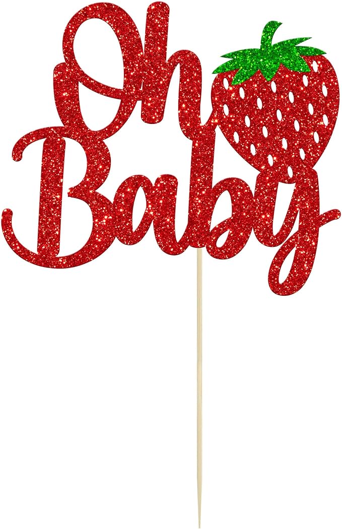 1 Pack Sweet Oh Baby Cake Topper Glitter Oh Baby Strawberry Cake Pick Fruit Berry Cake Decoration for Summer Strawberry Baby Shower Kids Birthday Party Supplies Red