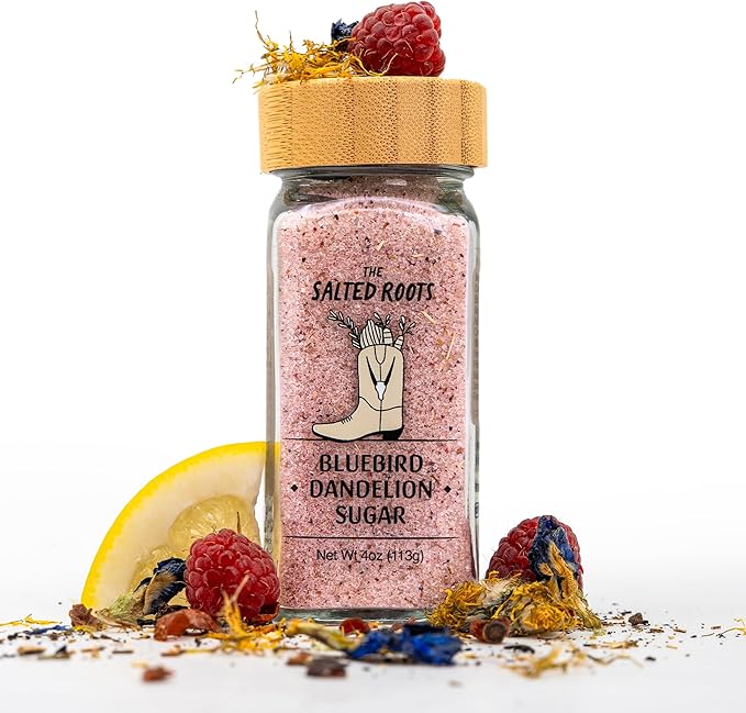 The Salted Roots Bluebird Dandelion Sugar - Floral, Sweet & Citrusy with Blue Tea, Rosehips & Raspberries - Gourmet Sugar for Tea, Pastries & Cocktails – 4oz Jar