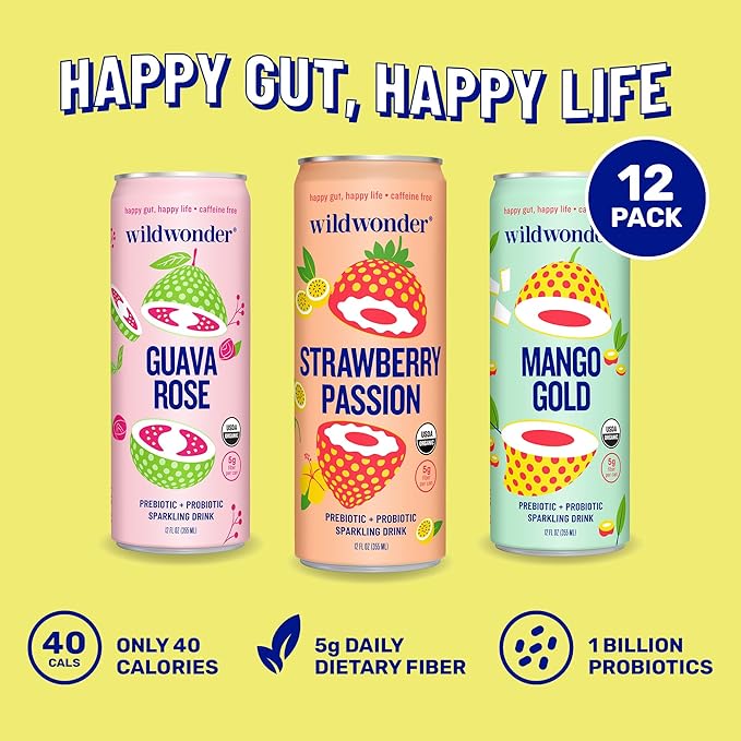 wildwonder Sparkling Probiotic Drink 12pk, For Gut Health & Immune Support, Tropical Vibes Variety, 5g Prebiotic Fiber, Live Probiotics, Organic, Vegan, Low Sugar, 12Pack, 12oz Can, Seen on Shark Tank