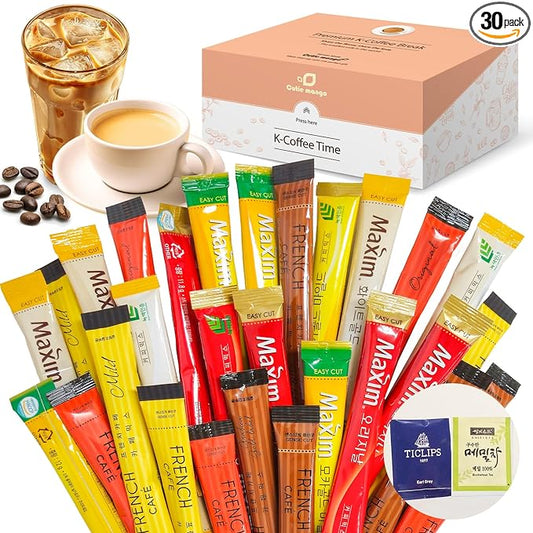 CUTIE MANGO Maxim French Premium Korean Instant Coffee Mix Sampler 6 Flavors Assortment Café Style Camping Party Single Serve Packets 30 Variety Pack (5 Sticks Each) with Complimentary 2 Teabags