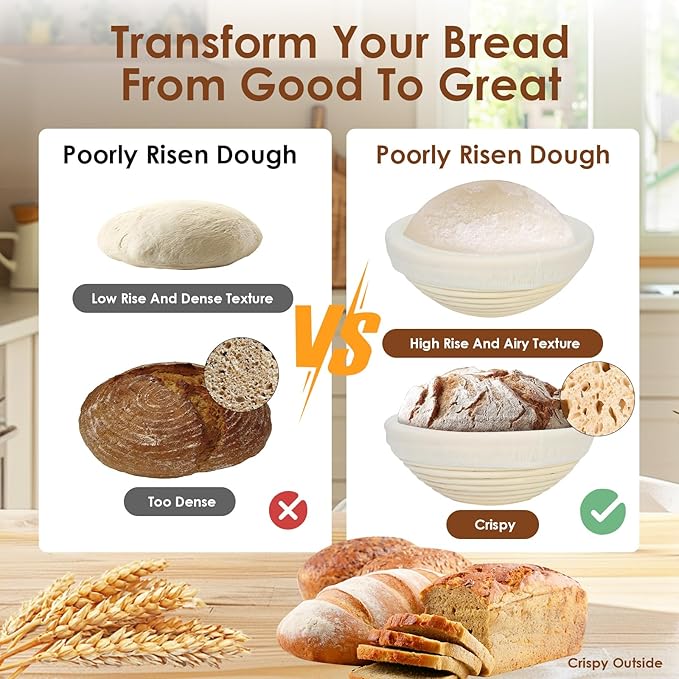 Natural Rattan Sourdough Banneton Basket Set of 2, 9 inch Round Bread Proofing Baskets with Whisk,Lame,Dough Scraper,Linen Liner and Brush, Perfect for Home or Professional Baking