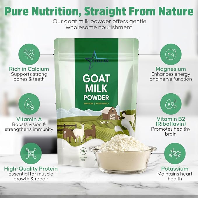 Stellar Goat Milk Powder – 2 lb | Grass-Fed from Australia | Easy to Digest, High in Protein, Calcium & Probiotics | Pure, Non-GMO, Gluten-Free, Pet Friendly, No Additives