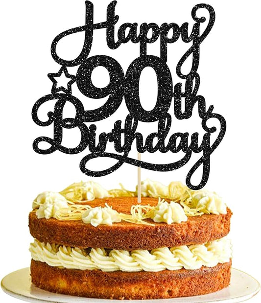 1 Pack Happy 90th Birthday Cake Topper Black Glitter 90 & Fabulous Cheers to 90 Years Old Birthday Cake Pick for Celebrating 90th Birthday Anniversary Party Cake Decorations Supplies