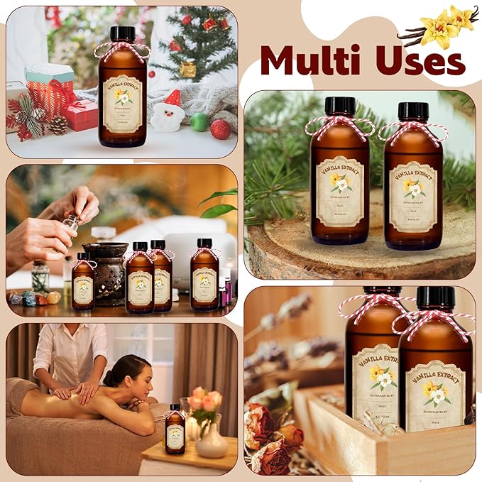 12 Pack 2 Ounce Amber Glass Bottle with Lids Vanilla Extract Homemade Brown Bottle 2 oz and 12Pcs Vanilla Extract Stickers for Syrup Gift Glass