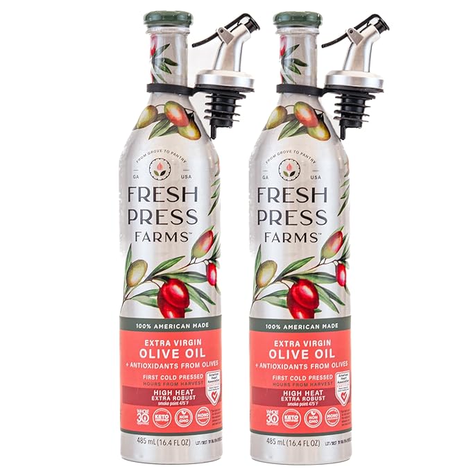 Fresh Press Farms Cold Pressed High Heat Extra Virgin Olive Oil for Pan Frying and Grilling, 16.4 Fl Oz (Pack of 2), Georgia Grown, 100% American Made, Unrefined, Certified Whole30, Non-GMO, Keto, Paleo, Gluten Free