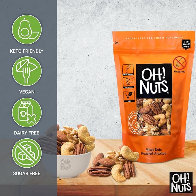 Oh! Nuts Mixed Nuts Roasted Unsalted - 2 lb - Unsalted Mixed Nuts - Cashews, Walnuts, Hazelnuts, Almonds - Fresh Zip-Seal Bag