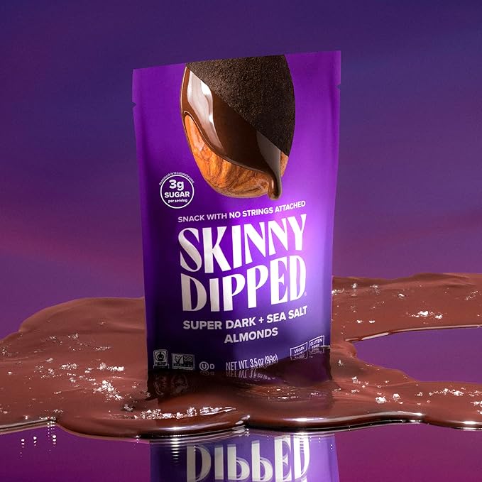 SkinnyDipped Super Dark Chocolate + Sea Salt Almonds, Vegan, Healthy Snack, Plant Protein, Gluten Free, 0.46 oz Mini Bags, Pack of 24