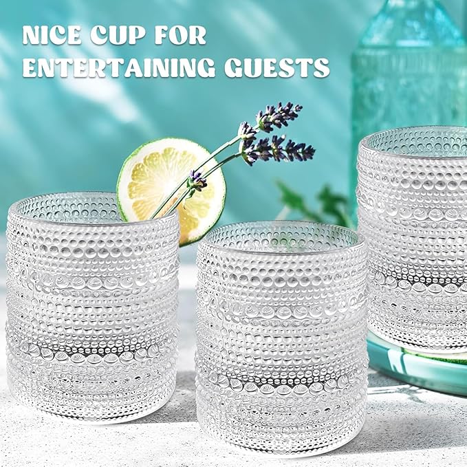 Set of 4 Vintage 12 oz Crystal Glasses, Old Fashioned Glass Cups for Water, Juice, Coffee, and Beer (Clear)