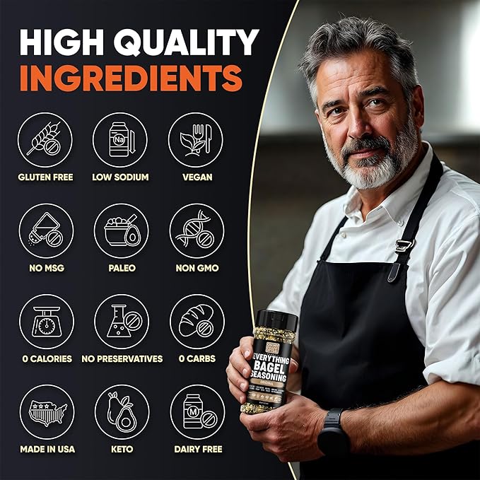 Everything Bagel Seasoning Blend - Gluten Free & Low Sodium Avocado Toast Seasoning. Vegetable Seasonings with Spices & Toasted Sesame Seeds. Egg, Meat & Salmon Keto Seasonings. Salad Toppings. 5.2oz