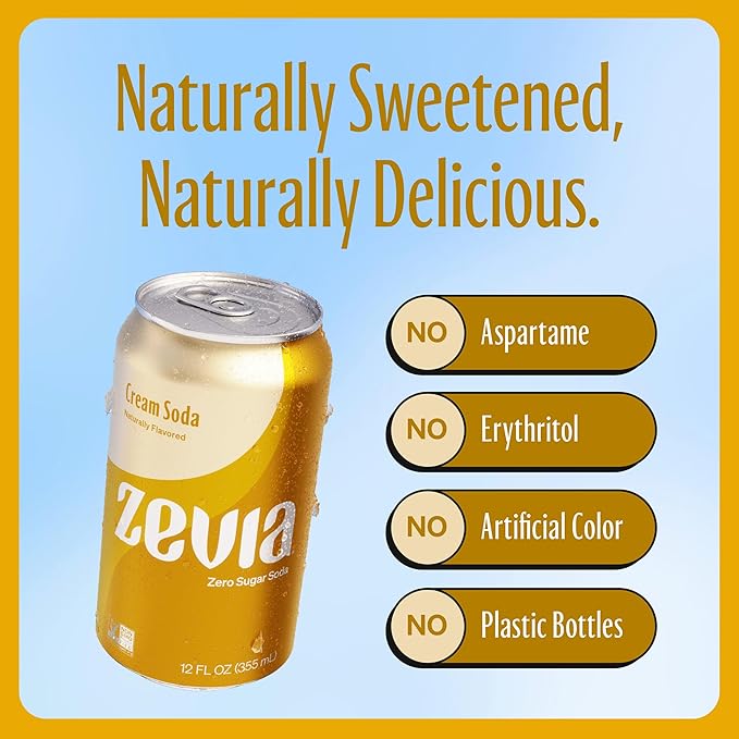 Zevia Zero Sugar Soda, Cream Soda, 12 oz Cans (8-Pack) ??Naturally Sweetened, Non-GMO Project Verified, Gluten-Free, Vegan