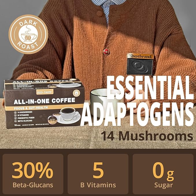 Mushroom Coffee K Cup – Focus & Gut-Health with 14-Mushrooms, Vitamins, L-Theanine and Alpha GPC, Single Serve Pods - No Crash or Jitters, 16 Count