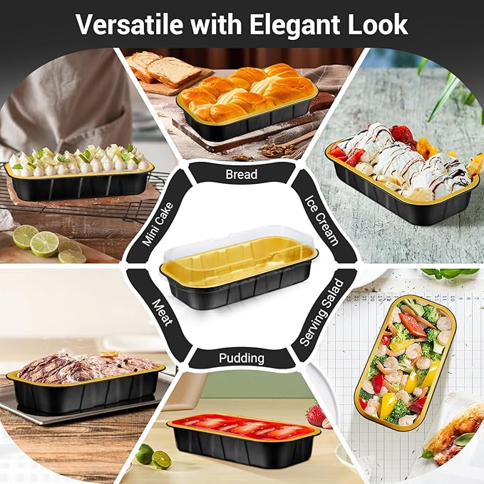 EUSOAR Mini Cake Pans with Lids，Black Gold 50pcs 20.9oz Aluminum Foil Disposable Mini Cake Loaf Bread Pans with Lids, Creme Brulee Ramekins Muffin Liners Baking Cups, Dessert Containers with Lids