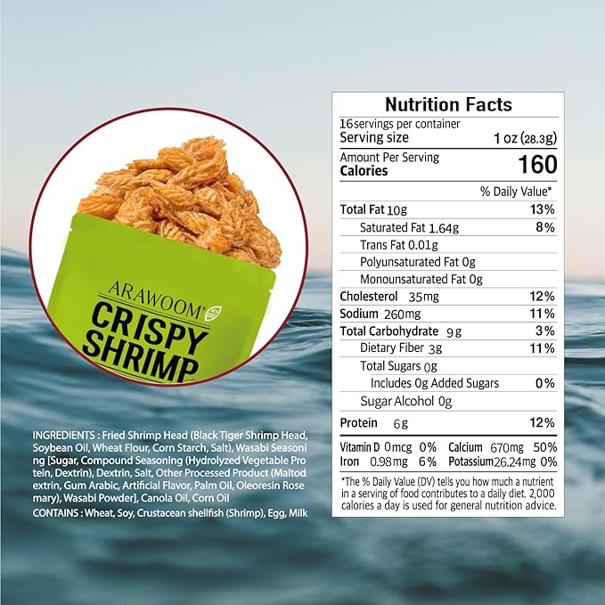 ARAWOOM - 100% Real Black Tiger Shrimp Head Crisps, Wasabi Pack [16oz, Pack of 1], Crispy Seafood Snack, High-Protein Crunch, Crunchy On-the-Go Treat