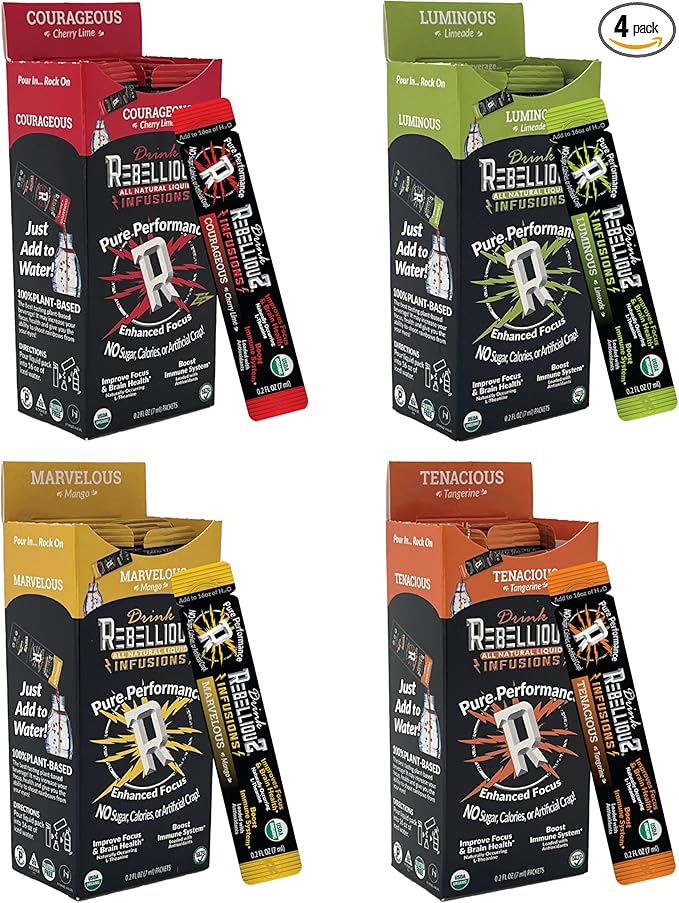 Rebellious Organic Energy Drink Mix Pure Performance Bundle (4 Pack Bundle, 10 Counts Each) ??0 Calories, Sugar Free, Loaded with Antioxidants, L-Theanine, and Natural Caffeine ??40 Counts