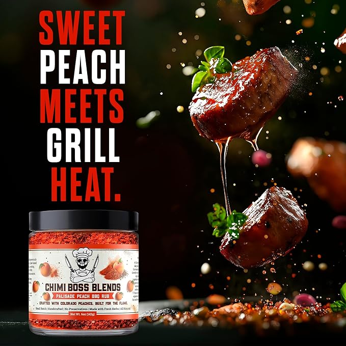 Chimi Boss Blends Palisade Peach BBQ Seasoning, 6oz ??Sweet & Smoky Peach Dry Rub for Grilling, Smoking & BBQ ??Gourmet Small-Batch Spice Blend for Chicken, Pork, Ribs & Vegetables - Made in USA