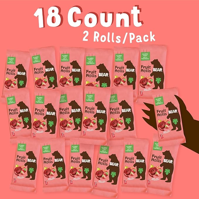 BEAR Real Fruit Snack Rolls - Gluten Free, Vegan, and Non-GMO - Strawberry ??36 Rolls, Healthy School And Lunch Snacks For Kids And Adults, 0.7 Ounce (Pack of 18)