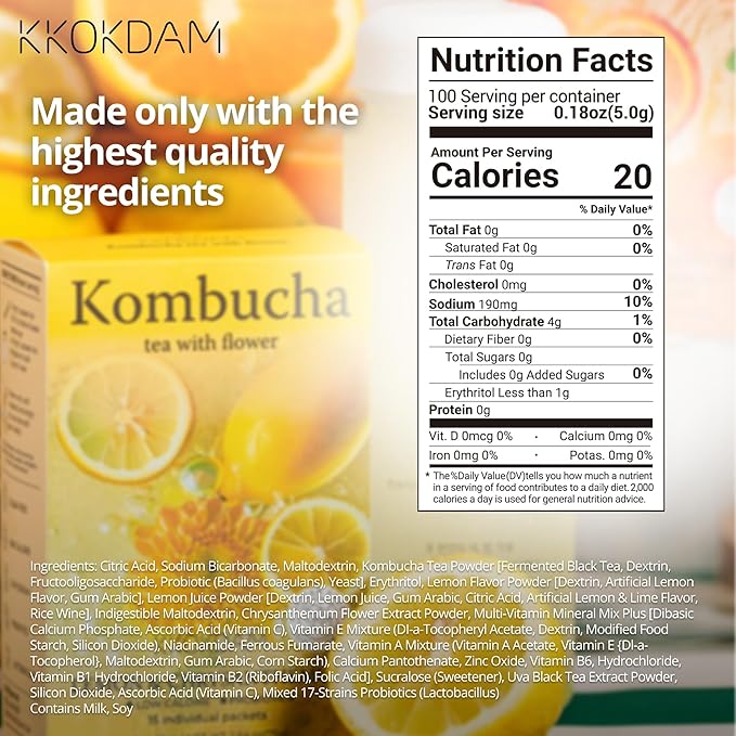 KKOKDAM Kombucha Tea - Lemon & Chrysanthemum Korean Tea - Kombucha Drinks Probiotic Support, Low Calorie, Sugar Free Kombucha Pack - 500g Bulk Pouch