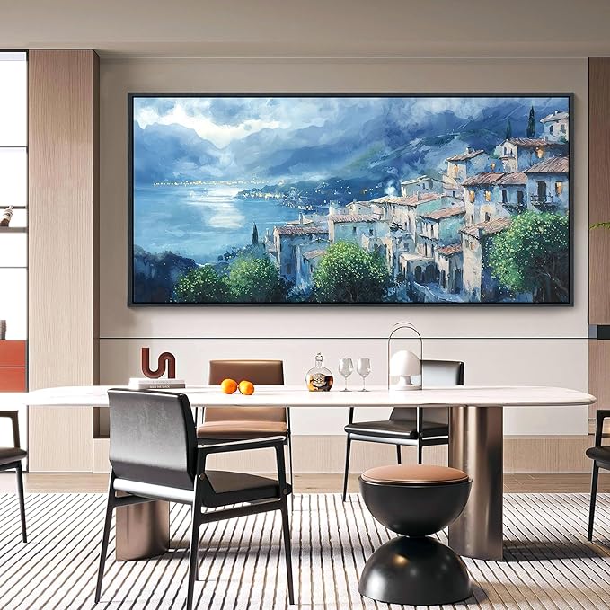 JEAWA Large Framed Canvas Painting - Landscape Wall Decor Ready to Hang, Gray Blue Town Picture, Lights of Thousands homes Art Prints for Bedroom Living Room Home Decoration, 29x58 IN