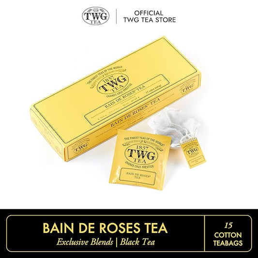TWG Tea | Bain de Roses Tea | Black Tea | Rosebuds & Rose Petals | 15 Hand Sewn Cotton Teabags | Gift Set