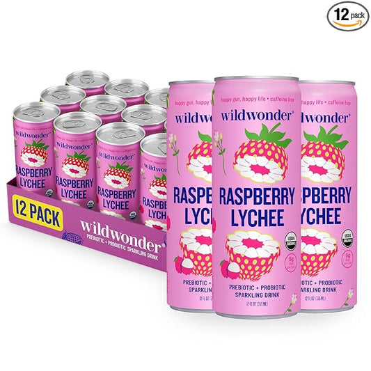 NEW! wildwonder Sparkling Probiotic Drink 12pk, For Gut Health & Immune Support, Raspberry Lychee, 5g Prebiotic Fiber, Live Probiotics, Organic, Vegan, Low Sugar, 12 Pack, 12oz Can, Seen on Shark Tank