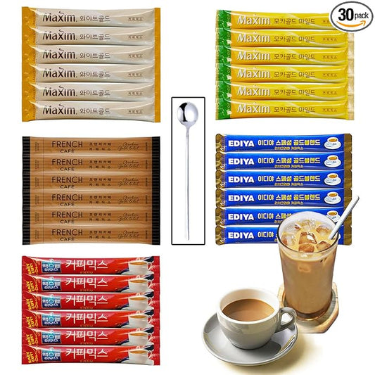 Korean 3 in 1 Instant Coffee Mix Variety Sample Packets.Camping or Traveling Essentials. (1 Count(Pack of 30), mocha)