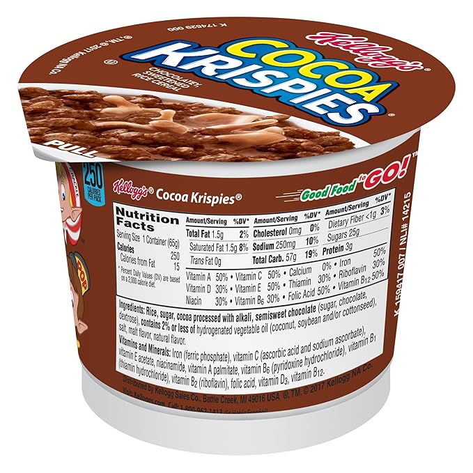 Kellogg's Cocoa Krispies Cold Breakfast Cereal Cups, Kids Snacks, Cereal Cups to Go (12 Cups)