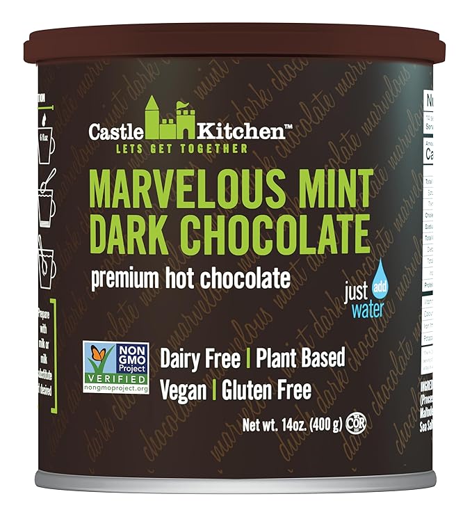 Castle Kitchen Mint Dark Hot Chocolate - Premium Plant Based, Dairy Free, Gluten-Free, Vegan Hot Coca Mix - Just Add Water - 14 oz