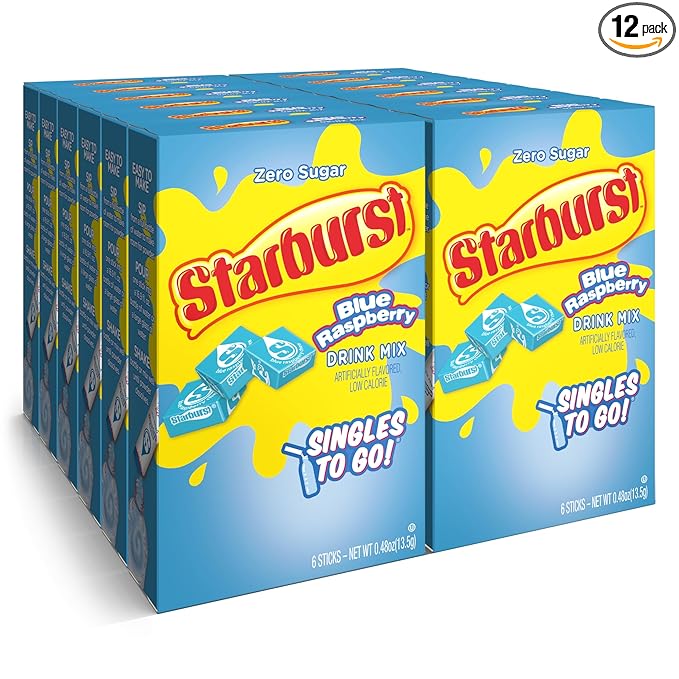 Starburst Singles To Go Powdered Drink Mix, Blue Raspberry, 6 Count (Pack of 12) - 72 Total Servings), Sugar-Free Drink Powder, Just Add Water,